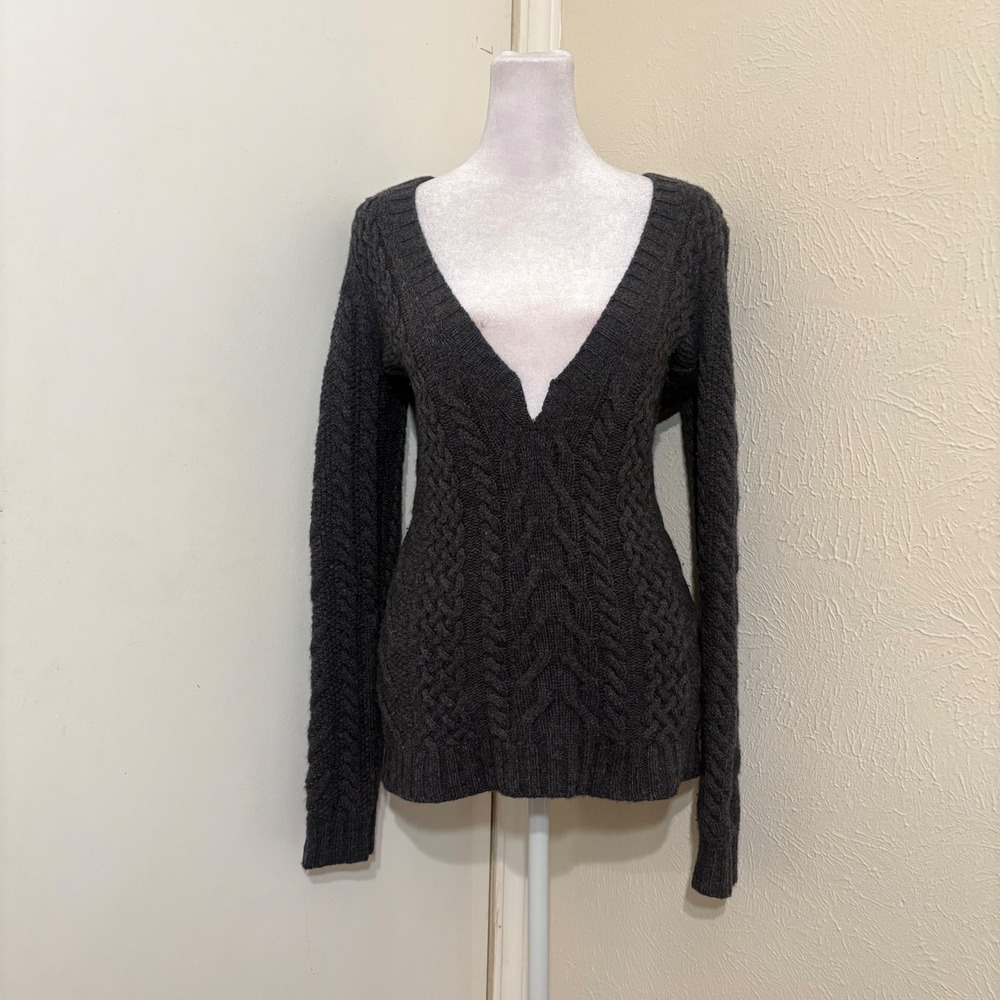 Theory Charcoal Gray Merino Wool Cashmere Cable Knit Deep V-Neck Sweater S